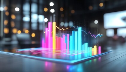 Poster - A colorful digital graph displays data trends on a sleek surface, showcasing vibrant bars and lines against a blurred, modern background.