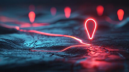 Poster - A digital landscape featuring glowing red location markers, interconnected by luminous paths, set against a dark, textured background, suggesting navigation or mapping technology.