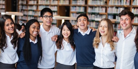 Poster - Group of diverse students in a library. Students in uniforms, library setting. Happy students, diverse group, library environment. Young diverse students learning together in library.