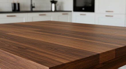 Poster - A wooden table with a black sink in the background