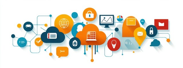 Poster - colorful digital icons representing technology and connectivity themes