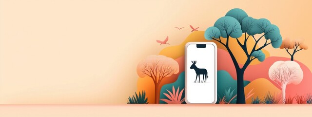 Poster - Artistic Illustration of Mobile Phone Within a Colorful Nature Scene