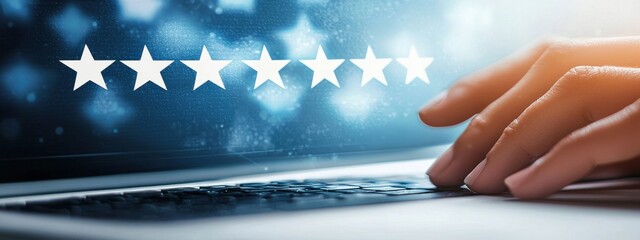 Poster - Hand Typing on Laptop with Rating Stars in Background Glow