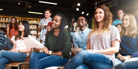 Poster - Diverse group of students in a classroom, smiling and attentive. Young adults, engaged in learning. Classroom setting with diverse students. International high school students in seminar.