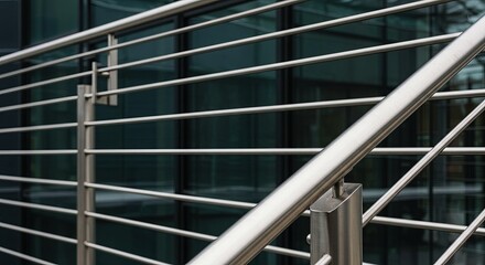 Poster - A metal railing with a glass window behind it