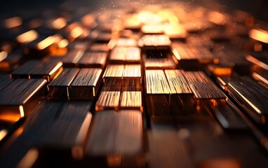 Poster - A close-up view of glowing metallic blocks, creating an abstract composition with warmth and depth, illuminated by a soft, radiant light.