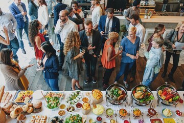 Poster - A vibrant gathering of diverse people enjoying a buffet. Men and women of various ethnicities socialize, savoring delicious food and drinks at a lively event filled with laughter.