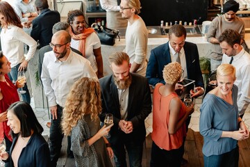 Poster - Diverse group of people at social event, mingling and chatting. Diverse crowd enjoy drinks and conversation in lively social gathering party. Social event with diverse group of people mingling