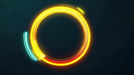 Poster - Vibrant circular light trails in yellow, red, and blue create abstract design against dark background, evoking energy and movement in dynamic visual experience.