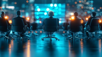 Poster - A group of people seated in modern chairs, facing a large screen displaying data or visuals, with a cityscape illuminated in the background.