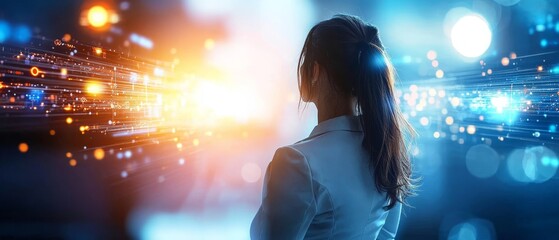 Poster - A woman stands with her back to the viewer, surrounded by dynamic light trails and a glowing backdrop, suggesting themes of technology and innovation.