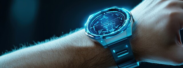 Poster - Futuristic Smartwatch with Digital Interface on Male Wrist