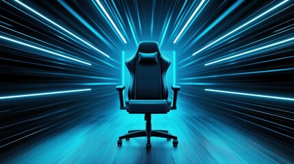 Poster - Futuristic Gaming Chair Surrounded by Neon Light Rays and Motion