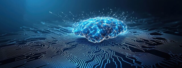 Poster - futuristic brain with neural connections over circuit board design