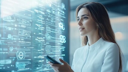 Poster - Woman Engaging with Digital Interface and Smartphone in Modern Setting