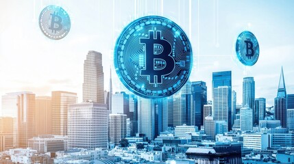 Poster - Digital Currency Over City Skyline with Bitcoin Symbols Floating