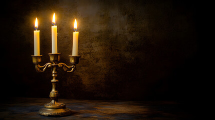 Poster - Elegant candle lit in the dark creating a warm and inviting atmosphere for a romantic setting on a dining table.