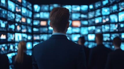Poster - A person in a suit stands before multiple screens displaying data and graphics, suggesting a focus on information analysis or decision-making.