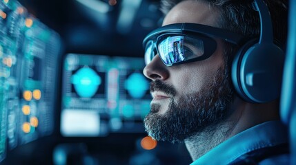 Poster - Focused Man Wearing Virtual Reality Headset and Headphones in Office