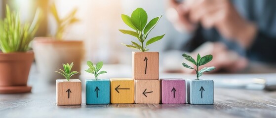 Poster - A visually appealing arrangement of colorful blocks with arrows, topped with small green plants, symbolizing growth and progress.