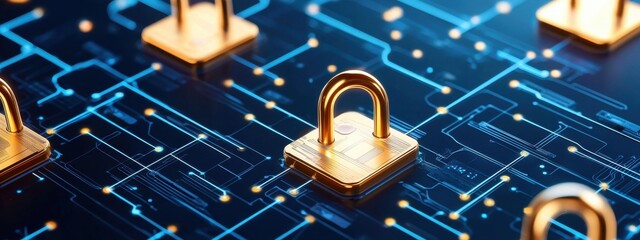 Poster - Golden padlocks on a digital network background with blue lines