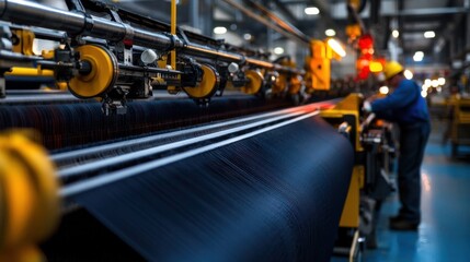 Poster - Inside a manufacturing facility, machines process fabric as a worker carefully monitors the equipment. The bright lighting illuminates the production line, ensuring efficiency and quality control