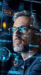 Poster - thoughtful man analyzing data with digital interface background