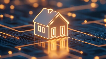 Poster - A digital illustration of a house icon glowing on a circuit board, symbolizing technology's integration with home and living spaces.