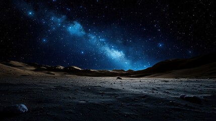 Wall Mural - In a vast desert under the night sky, the Milky Way arcs majestically overhead, illuminating the landscape with faint blue light. The ground is rocky and barren