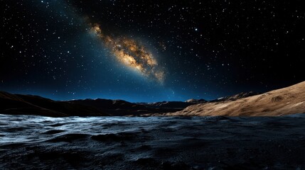 Wall Mural - The celestial spectacle showcases the Milky Way galaxy illuminated against a dark sky. A rugged surface stretches below, hinting at an alien world under starlit beauty