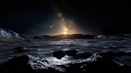 Wall Mural - A rocky terrain illuminated by the rising sun, surrounded by a star-filled sky with distant planets and galaxies visible. This celestial view captures the beauty of an alien moon at dawn