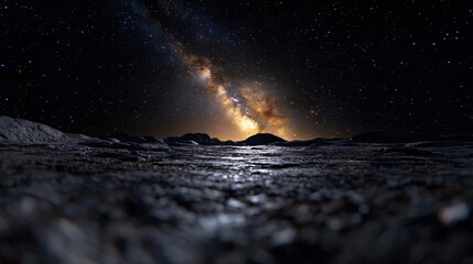 Wall Mural - A breathtaking view of the Milky Way galaxy rises above an alien terrain covered with rocky formations during the night. Stars illuminate the dark sky, creating an awe-inspiring spectacle