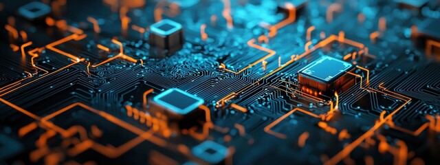 Poster - Intricate Circuit Board with Glowing Blue and Orange Lines and Chips