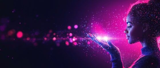 Poster - A woman gracefully gestures with her hand, surrounded by vibrant particles of light, creating a mystical and enchanting atmosphere.
