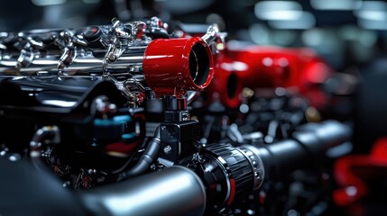 Poster - intricate details of a high-performance engine are highlighted, showcasing chrome and red components
