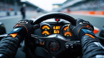 Poster - a driver grips the steering wheel of a racing car, focusing on the dashboard while preparing for an 