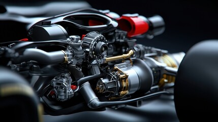 Poster - Engine components reveal intricate design and technology advancements, highlighting performance features crucial for speed and efficiency in racing. The dark background enhances the metal finish