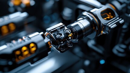 Poster - A close-up view reveals a high-tech robotic arm with complex components and glowing accents. The intricate mechanisms suggest advanced engineering, set in a dark, modern environment