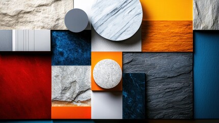Poster - A vibrant arrangement of textured blocks and circles in diverse colors such as red, blue, gray, and white creates a striking modern art composition. The use of different materials adds depth