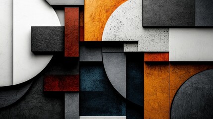 Poster - This artwork showcases a dynamic assortment of geometric shapes in various colors like black, white, orange, and gray. The arrangement creates a striking visual contrast that captivates the viewer