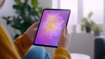Poster - person holding a tablet with abstract colorful digital graphic
