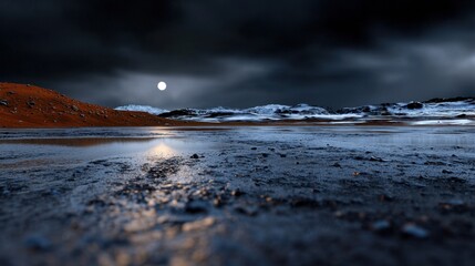 Wall Mural - Waves crash against the rocky shore under a full moon, illuminating the sandy beach and dark clouds above during a moody twilight hour