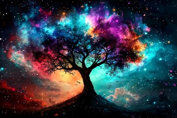 Wall Mural - Witness the majesty of a tree thriving in a dreamy extraterrestrial landscape.