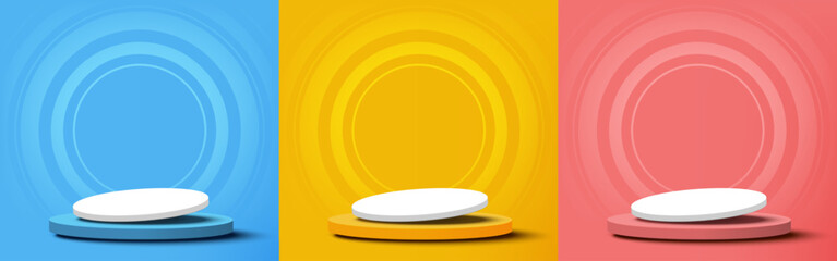 set of blue, yellow, pink, scene background with 3d stage tilted podium, minimal style. pedestal wit
