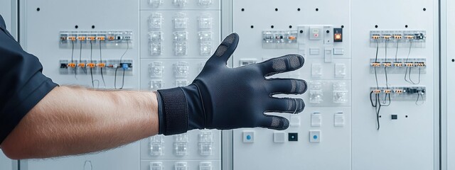 Poster - Technician in Black Gloves Reaching Towards Control Panel in Laboratory