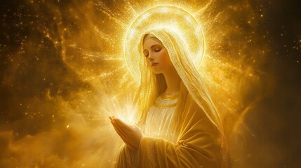 Wall Mural - virgin mary with a golden halo, sacred light emanating from her presence, celestial energy surroundi