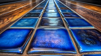 Poster - Beautiful long wooden bridge decorated with vibrant blue glass tiles creating an artistic pathway illuminated by differently colored lighting effects.