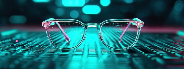 Poster - Futuristic Glasses on Keyboard with Neon Lights and Digital Vibes