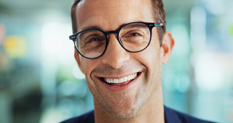 Fototapete - Laughing, glasses and portrait of businessman in office with vision, confidence and growth in career. Happy, pride and male creative editor from New York at magazine agency for company development.