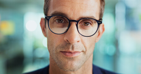 Fototapete - Optometry, glasses and portrait of businessman in office with vision, confidence and growth in career. Journalism, face and creative editor from New York at magazine agency for company development.